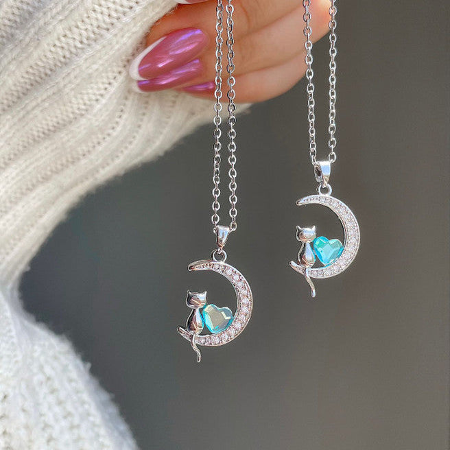 Elegant Cat Moon Necklace For Her - 925 Sterling Silver Necklace