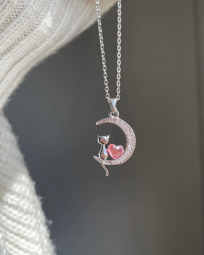 Elegant Cat Moon Necklace For Her - 925 Sterling Silver Necklace